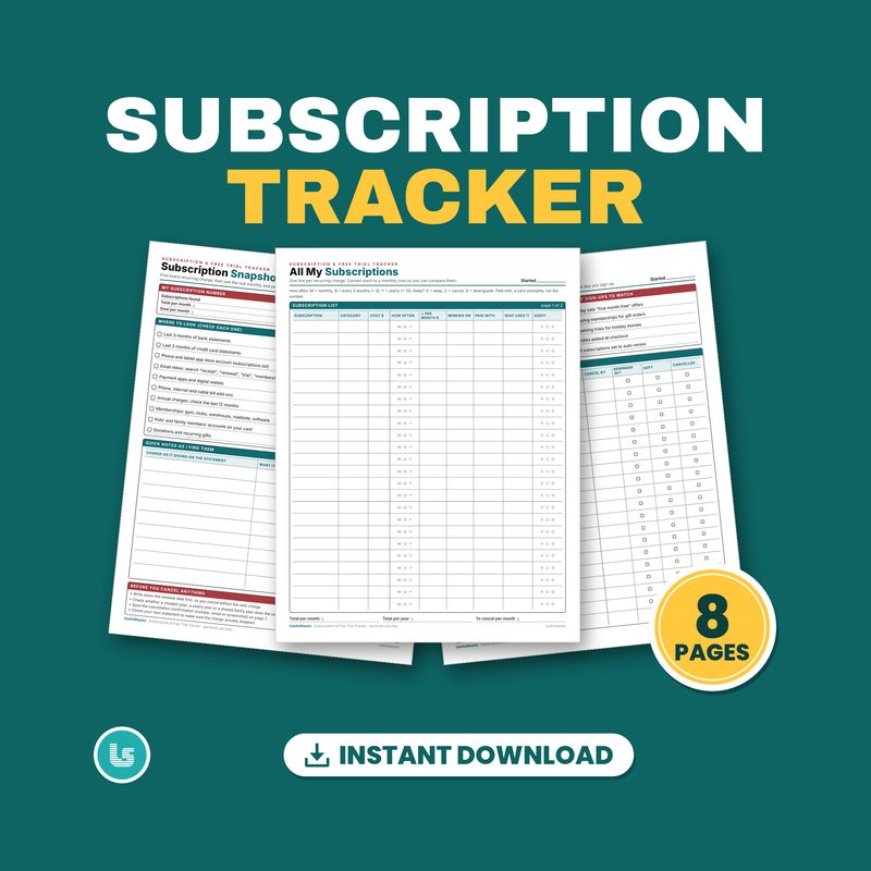 Subscription & Free Trial Tracker printable pages